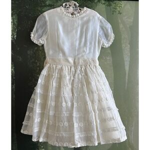 Vintage Ivory Lace Organza Girls Dress and Veil Set First Communion Flower Girl